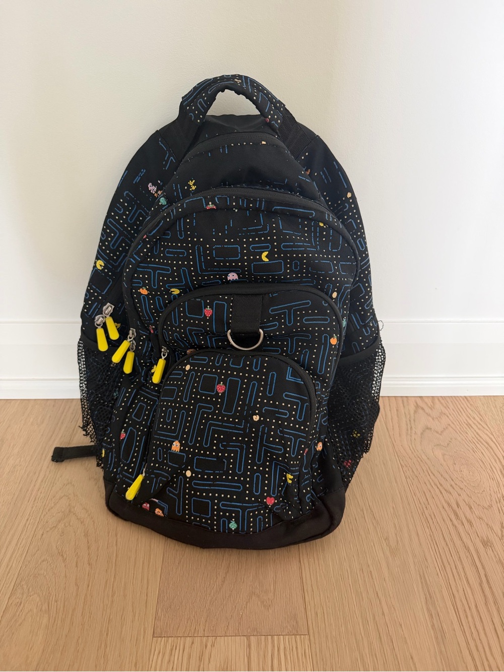Pottery Barn Teen Black Pac-Man Print Backpack with Yellow Zipper Pulls